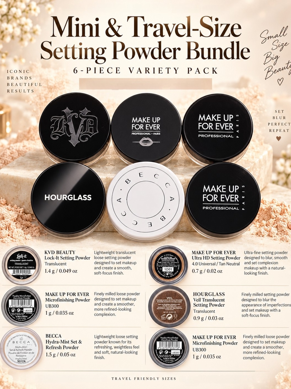 6 Mini Setting Powder Bundle – Hourglass, Make Up For Ever, BECCA & KVD